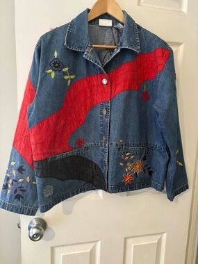 Chico’s vintage denim jacket silk appliqué embroidered size XL